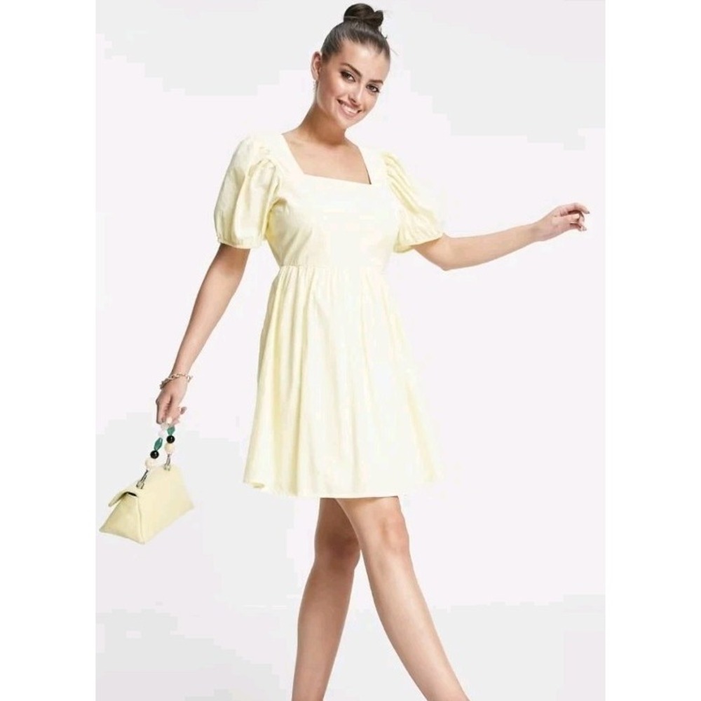 ASOS VERO MODA Square Neck Mini Dress Yellow Cotton 4 Puff Sleeve Cottage Whimsi
